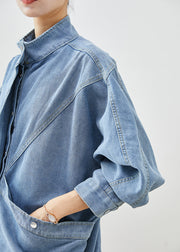 Elegant Blue Stand Collar Oversized Denim Coat Fall