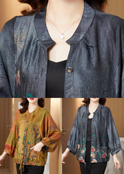 Elegant Blue Stand Collar Print Button Silk Tops Long Sleeve