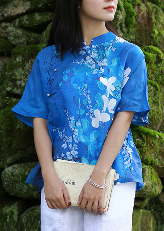 Elegant Blue Stand Collar Print Side Open Shirt Short Sleeve