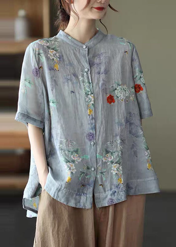 Elegant Blue- flower2 Stand Collar Print Tops Half Sleeve