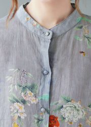 Elegant Blue- flower2 Stand Collar Print Tops Half Sleeve