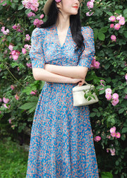 Elegant Blue V Neck Print Pockets Cotton Dress Summer