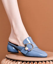 Elegant Blue Zircon Splicing Faux Leather Chunky Slide Sandals