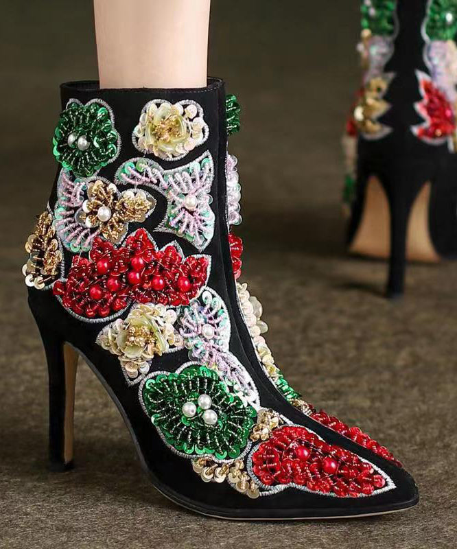 Elegant Boho Black Embroidered Nail Bead Short Boots Stiletto Sheepskin