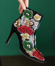 Elegant Boho Black Embroidered Nail Bead Short Boots Stiletto Sheepskin