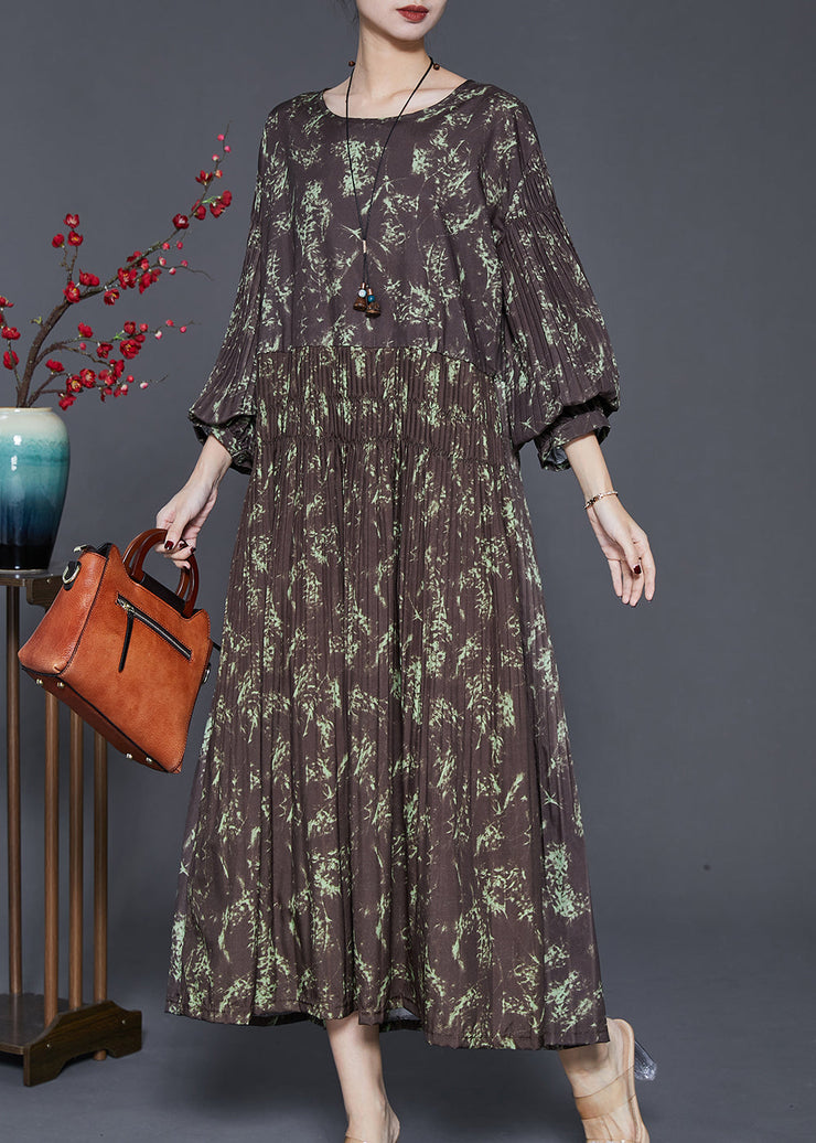 Elegant Brown Elastic Waist Print Cotton Long Dress Spring