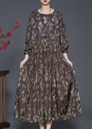 Elegant Brown Elastic Waist Print Cotton Long Dress Spring