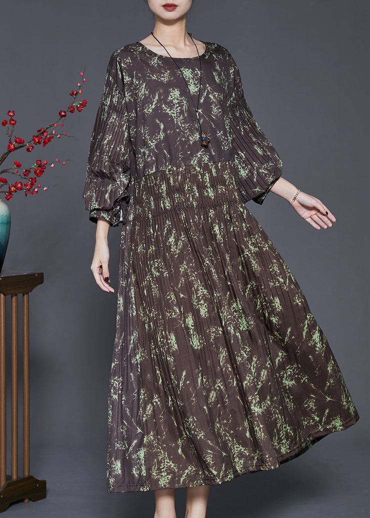 Elegant Brown Elastic Waist Print Cotton Long Dress Spring