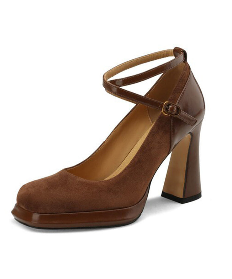 Elegant Brown High Heels Suede Cross Strap Splicing