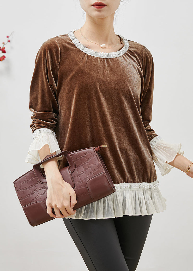 Elegant Brown Nail Bead Patchwork Silk Velour Tops Flare Sleeve