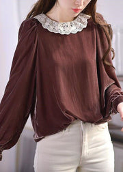 Elegant Brown O-Neck Lace Patchwork Silk Velour Blouses Spring