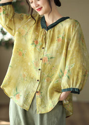 Elegant Brown Peter Pan Collar Print Button Linen Shirt Long Sleeve