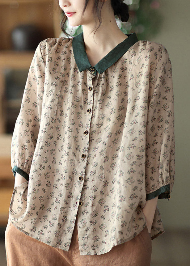 Elegant Brown Peter Pan Collar Print Button Linen Shirt Long Sleeve