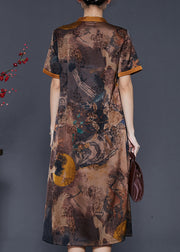 Elegant Brown Print Silm Fit Silk Long Dress Summer