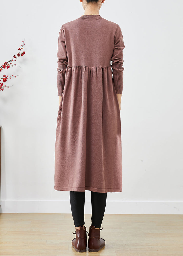 Elegant Brown Stand Collar Patchwork Button Knit Long Dress Fall