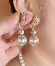 Elegant Cham pagneStering Silver Overgild Zircon Pearl Drop Earrings