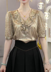 Elegant Champagne Ruffled Patchwork Silk Top Short Sleeve