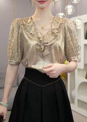 Elegant Champagne Ruffled Patchwork Silk Top Short Sleeve