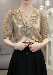 Elegant Champagne Ruffled Patchwork Silk Top Short Sleeve