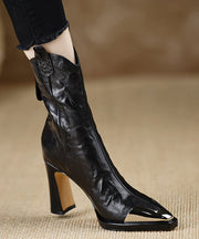 Elegant Chunky Heel Boots Black Sheepskin Pointed Toe