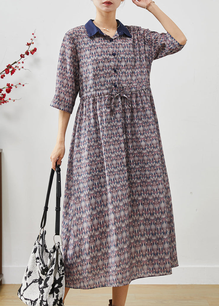 Elegant Cinched Print Cotton Long Dress Half Sleeve