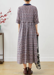 Elegant Cinched Print Cotton Long Dress Half Sleeve