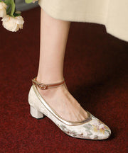 Elegant Coffee Embroidered Buckle Strap Velour Chunky High Heels