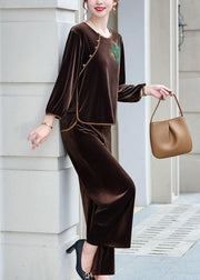 Elegant Coffee Embroidered Button Silk Velour Top And Pants Two Pieces Set Long Sleeve