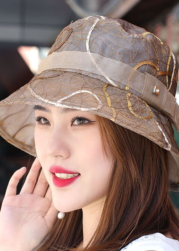 Elegant Coffee Embroidery Tulle Patchwork Bucket Hat