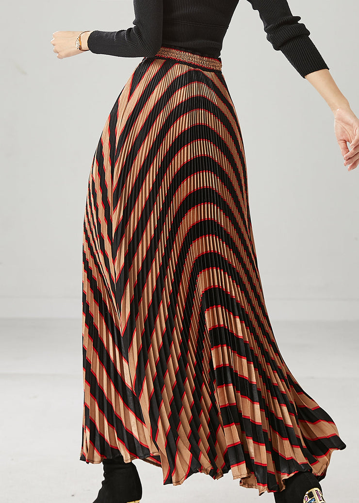 Elegant Coffee High Waist Striped Spandex Pleated Skirts Spring