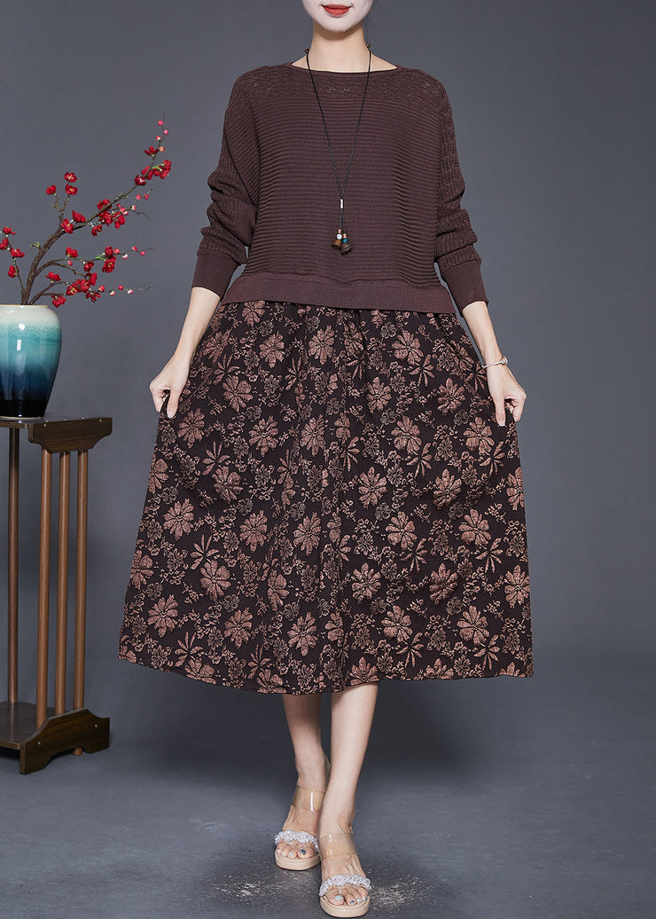 Elegant Coffee Jacquard Patchwork Knit Maxi Dresses Fall