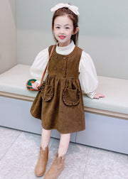 Elegant Coffee Turtleneck Pockets Patchwork Corduroy Girls Two Piece Set Fall