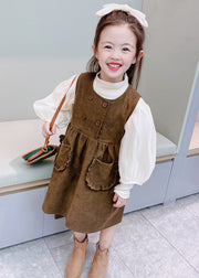 Elegant Coffee Turtleneck Pockets Patchwork Corduroy Girls Two Piece Set Fall