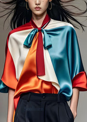 Elegant Colorblock Bow Silk Shirts Tops Half Sleeve