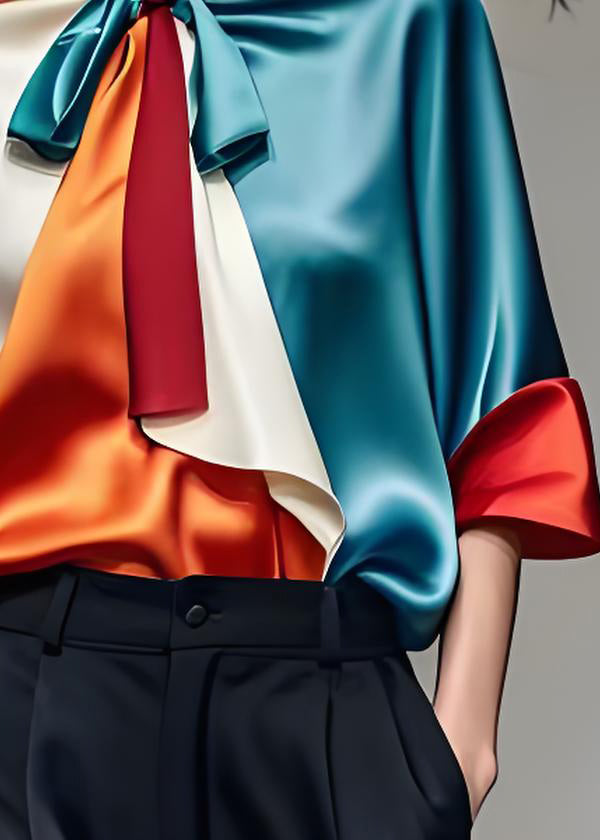 Elegant Colorblock Bow Silk Shirts Tops Half Sleeve