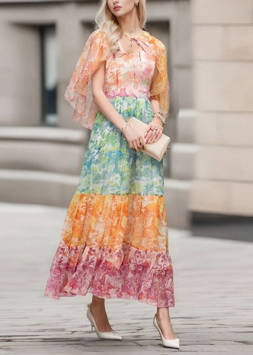 Elegant Colorblock Lace Up Print Chiffon Long Dresses Half Sleeve