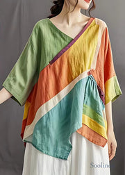 Elegant Colorblock V Neck Asymmetrical Wrinkled Top Summer