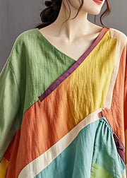 Elegant Colorblock V Neck Asymmetrical Wrinkled Top Summer