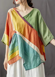 Elegant Colorblock V Neck Asymmetrical Wrinkled Top Summer