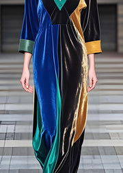 Elegant Colorblock V Neck Loose Velvet Long Dresses Fall