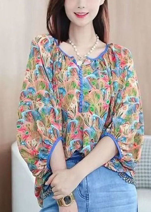 Elegant Colorblock V Neck Print Chiffon Shirt Tops Summer