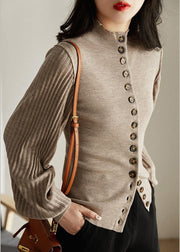 Elegant Dark Gray O-Neck Button Woolen Cardigans Long Sleeve