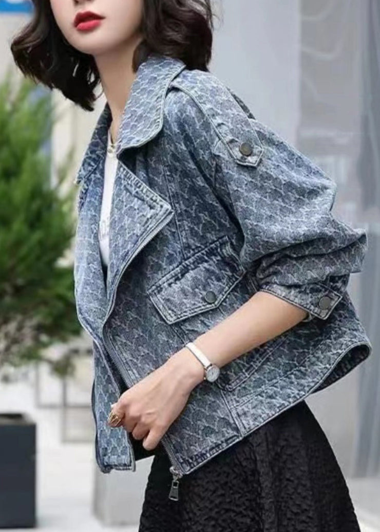 Elegant Denim Blue Notched Zippered Plaid Coat Long Sleeve