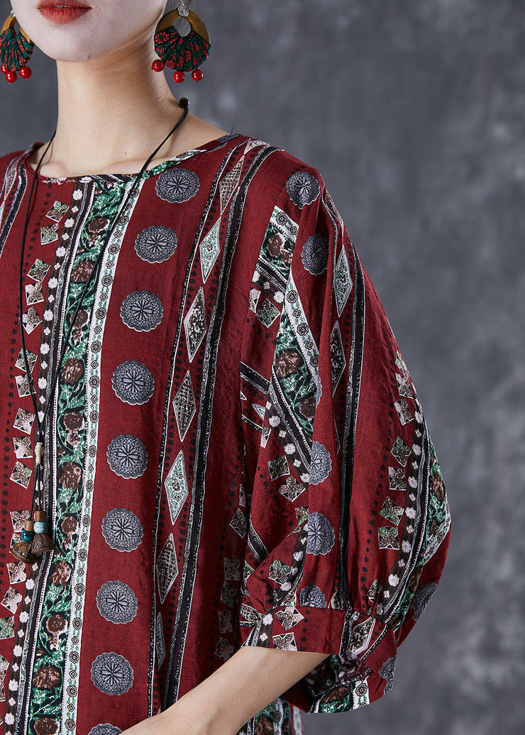 Elegant Dull Red Print Cotton Blouse Top Bracelet Sleeve