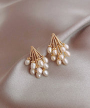 Elegant Gold Alloy Pearl Grape Tassel Drop Earrings