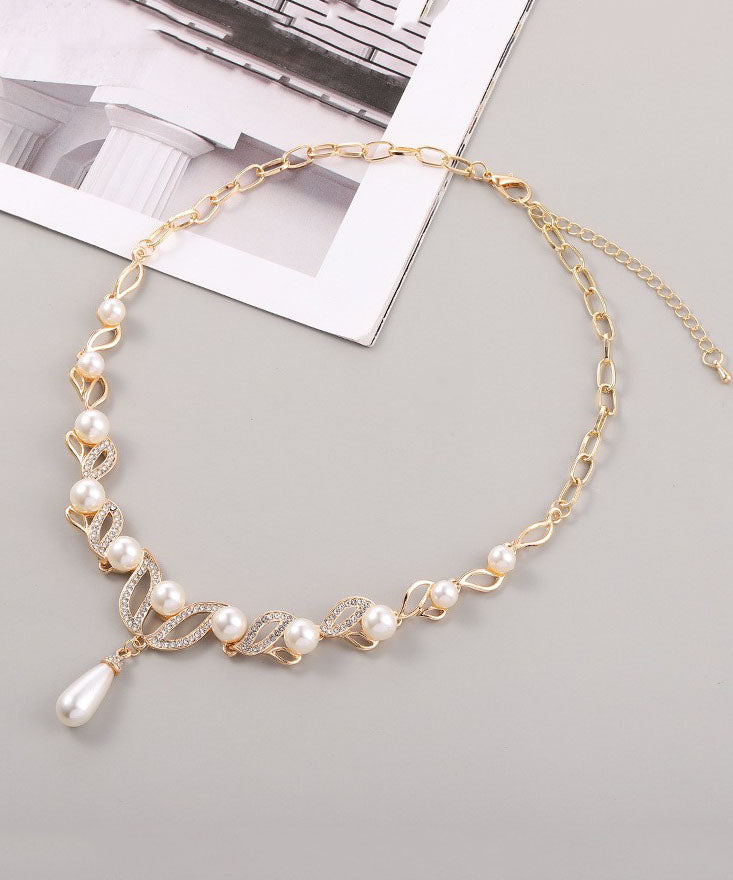 Elegant Gold Alloy Pearl Zircon Pendant Necklace