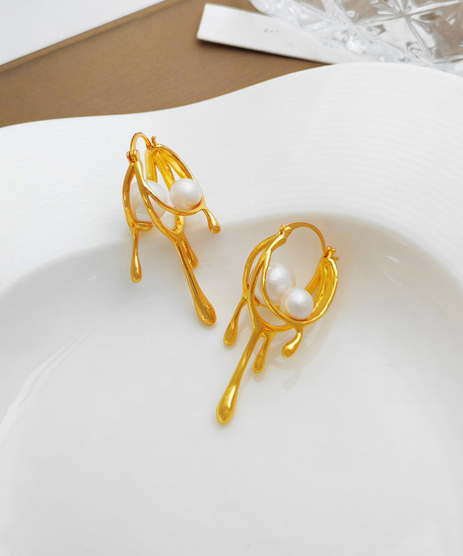 Elegant Gold Plated Glass Pearl Hoop Earrings