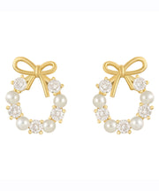 Elegant Gold Copper Alloy Zircon Pearl Bow Hoop Earrings