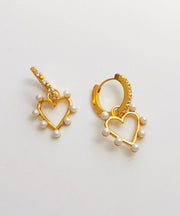 Elegant Gold Copper Overgild Inlaid Zircon Pearl Heart Hoop Earrings