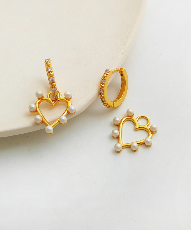 Elegant Gold Copper Overgild Inlaid Zircon Pearl Heart Hoop Earrings